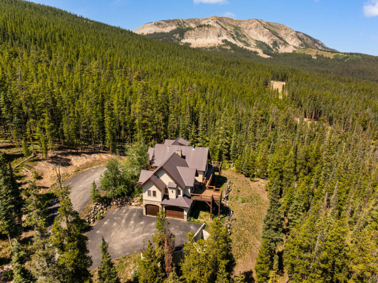 A multi-roof wooden cabin nestled among tall pine trees with a mountain backdrop and a curved driveway nearbye.