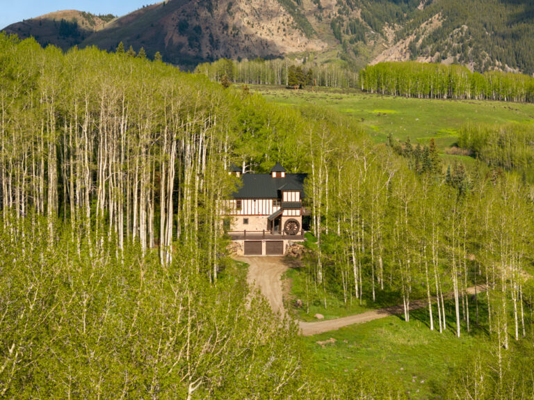 Timber-framed house with a large water wheel, set among a dense grove of aspen trees in a valley with hills in the background.
