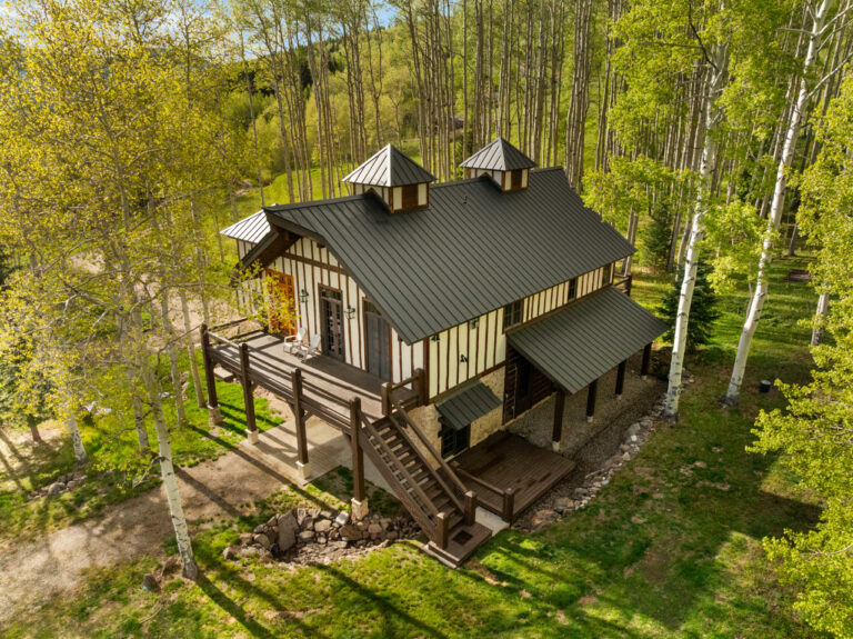 Aerial view of a rustic cabin with a dark metal roof surrounded by birch trees, featuring a raised wooden deck and exterior stairs.